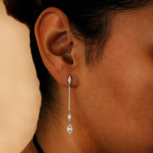 14k Gold Diamond Dangle Earrings: Baguette Drop, 2 Inch Linear
