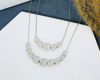 14k Solid Gold Natural Diamond Cluster Graduated Cushion Illusion Necklace