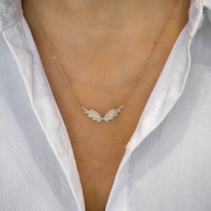18k Yellow Gold Diamond Angel Wing Necklace: Adjustable Chain