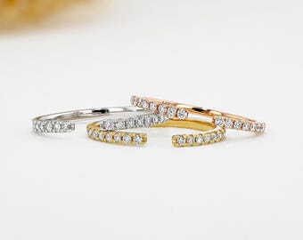 14k Gold Diamond Open Ring: Thin Stackable Micro Pave Band