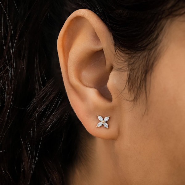 SINGLE HALF PAIR 14k Gold Marquise Diamond Flower Stud Earrings