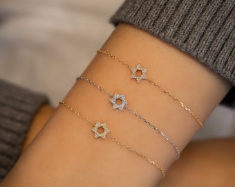 Bracelet ouvert étoile de David diamants, baguette et rond, jaune 18 carats, blanc, or rose massif, cordon de serrage réglable, valeur sociale