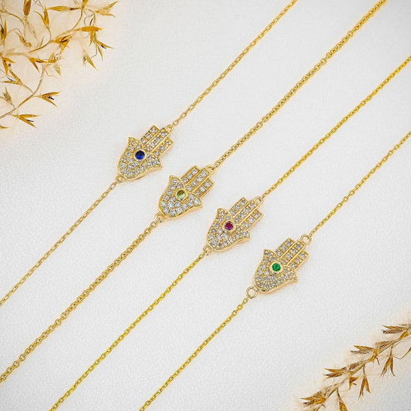 Diamond Bracelet, Hamsa Hand, Sapphire, Tsavorite, Emerald or Ruby Center, 14k Yellow, White, Rose Solid Gold, Social Value