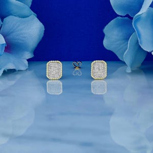 14k Gold Diamond Pave Rectangle Stud Earrings: Rope Border