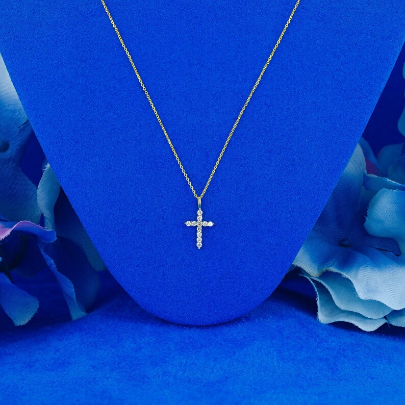 14k Solid Gold Small Natural Diamond Cross Pendant Necklace Etsy