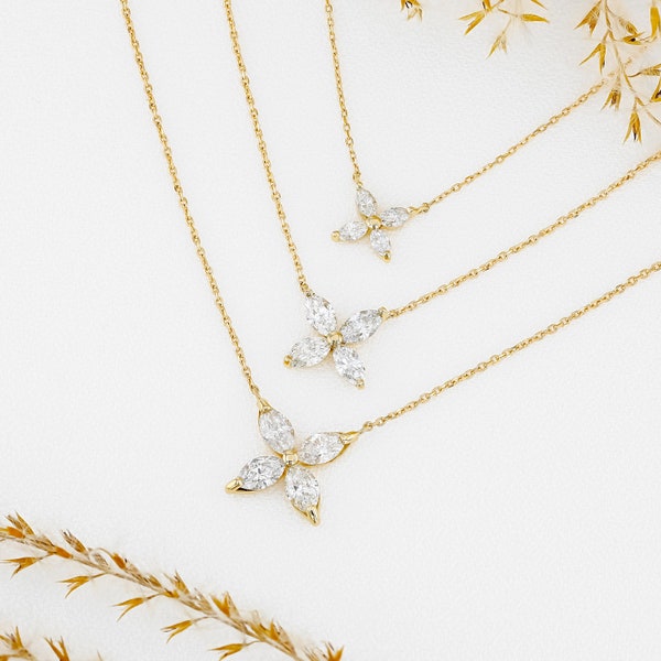 Marquise Diamond Flower Necklace, Adjustable Drawstring Chain, 18k Yellow, White, Rose Solid Gold, Social Value Fine Jewelry