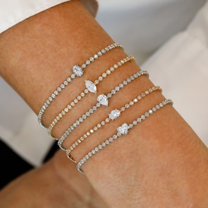 14k Solid Gold Natural Diamond with Fancy Shape Center Tennis Bracelet Oval Heart Marquise Pear