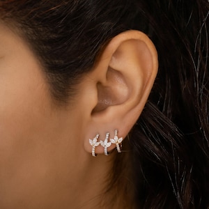 Diamond Lotus Huggie Earrings: 18k Gold Marquise Hoop (Half Pair)