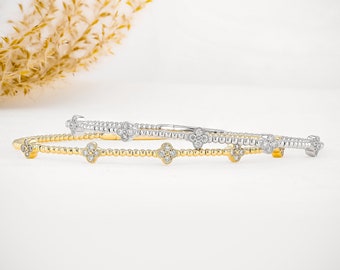 Diamond Bracelet, Beaded Flexible Bangle, Flower Cluster, 14k Solid Yellow White Rose Gold, Social Value