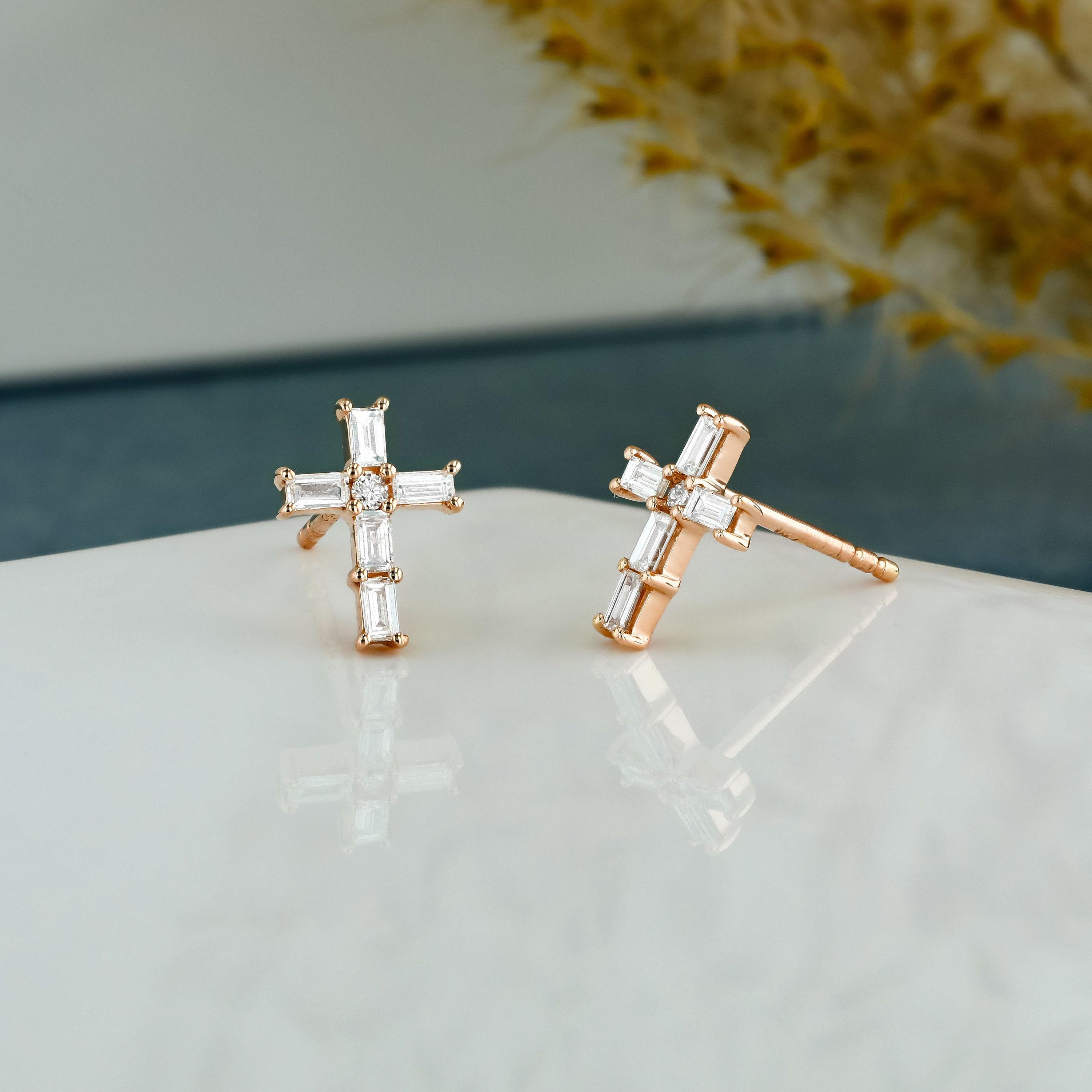 Orecchini A Croce In Oro 14k Con Diamante 0,13 Ct - Regalo Donna, Certificato Di Autenticit&agrave;