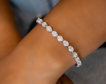 Pulseira de tênis com diamantes ovais cultivados em laboratório: ouro branco 14k, 11 quilates no total.