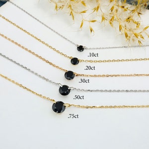 14k Solid Gold Natural Black Diamond Round Floating Solitaire Necklace with Adjustable Drawstring Chain