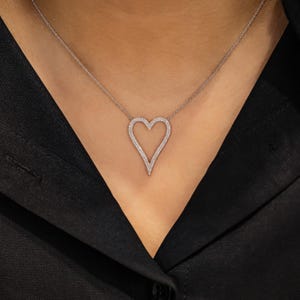 Diamond Pave Heart Necklace, Natural Double Row Round Diamonds, Dainty Minimalist, Adjustable Chain, 18k Solid White Gold, Social Value