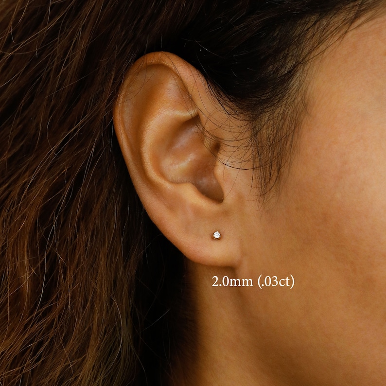 Single Half Pair Earring 14k Solid Gold Natural Diamond Low Profile Small Three Prong Minimalist Stud Earrings image 10