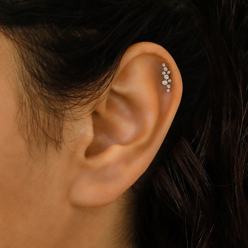 Single Half Pair 14K or 18k Gold Genuine Diamond Cluster Spray Ear Climber Crawler Earring Stud 1/2 Length imagem 3