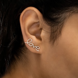 Single (Half Pair) Diamond Crawler, LOVE Climber Earring, Microset White, Yellow, Rose 14k Solid Gold, Social Value Jewelry