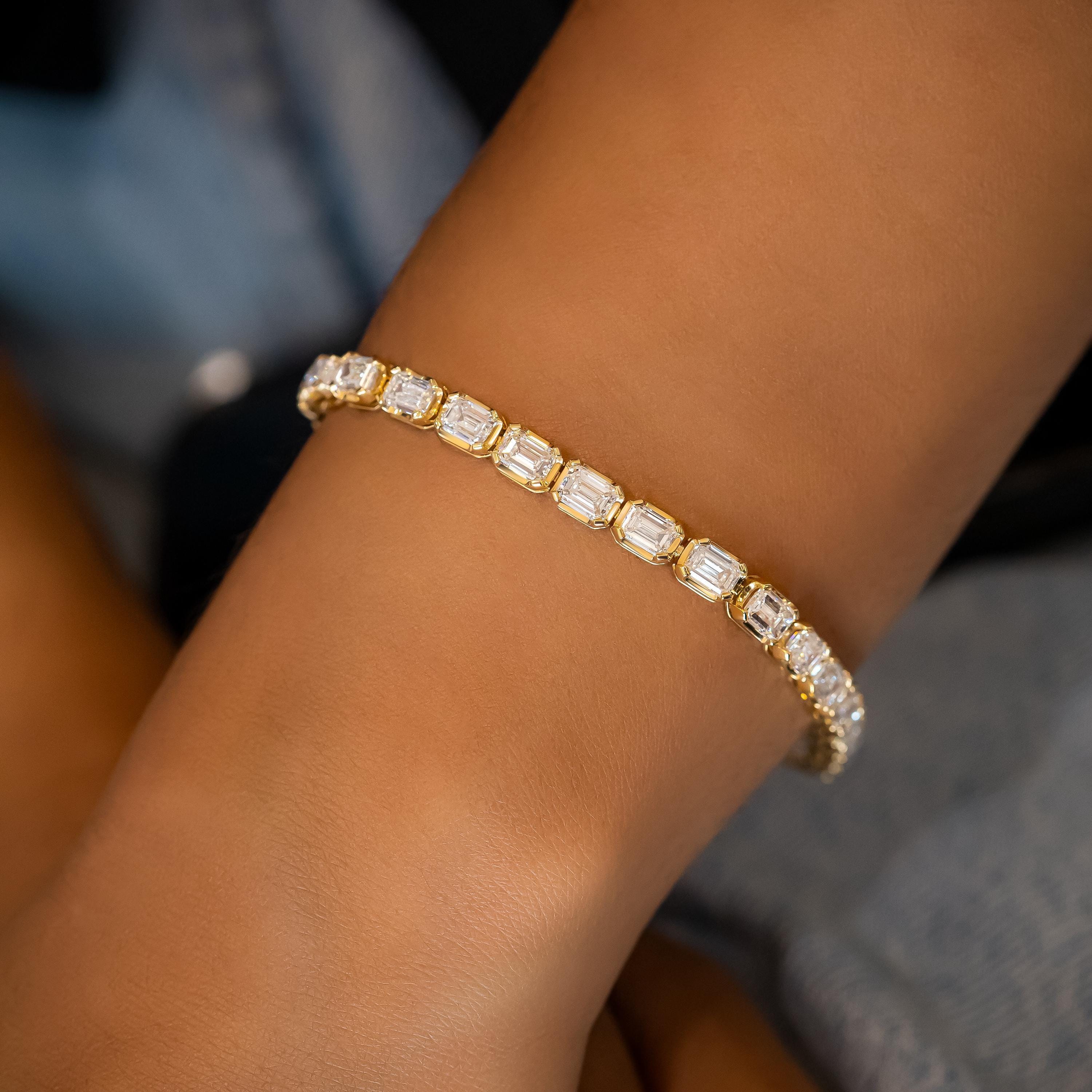 エメラルドカット ラボグロウンダイヤモンド テニスブレスレット：14K 
