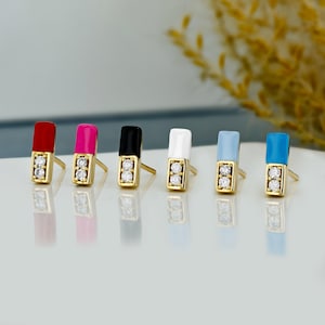 Single (Half Pair) Earring 18k Solid Gold Natural Diamond Line Bar Stud Earring with Multiple Color Enamel