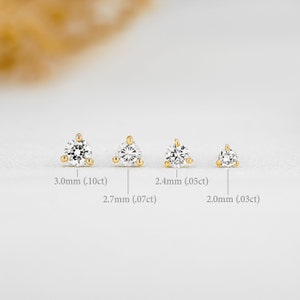 Single Half Pair Earring 14k Solid Gold Natural Diamond Low Profile Small Three Prong Minimalist Stud Earrings image 2