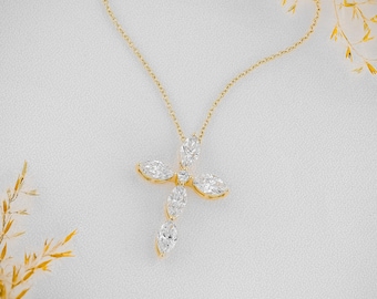 Colar com Cruz e Diamantes em Formato de Marquise Cultivados em Laboratório, Joia Minimalista, Colar Delicado e Marcante, Ouro Maciço 14k Amarelo, Branco e Rosé, Valor Social