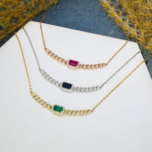 14k Gold Diamond Halo Necklace: Emerald Cut Sapphire, Ruby, or Emerald