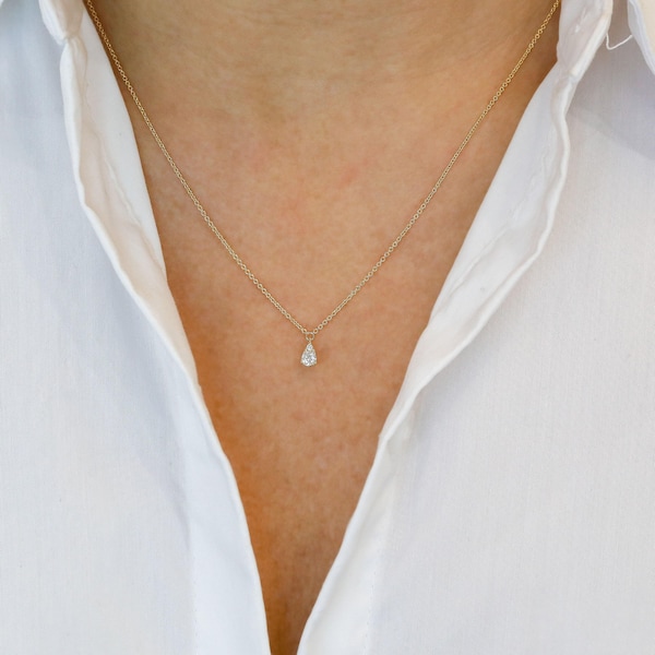 Collier illusion en forme de larme en or 14 carats avec diamants naturels et chaîne réglable