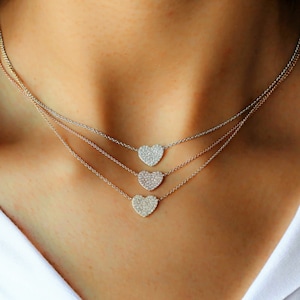 Genuine Diamond Heart Pendant Necklace, Flat Pave Dainty Classic Minimalist Layering, 14k Gold,  Social Value