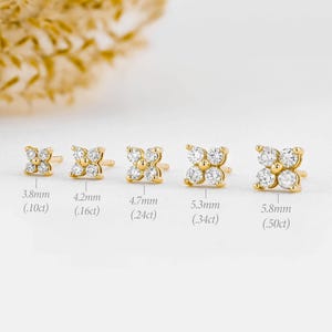 Single (Half pair) Diamond Clover Stud Earring: 14k Gold Flower Cluster
