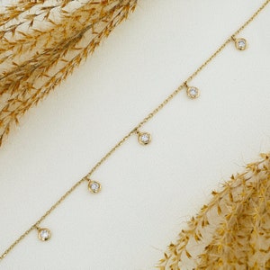 14k Solid Gold Natural Diamond By the Yard Dangling Station Bezel Set Chain Bracelet