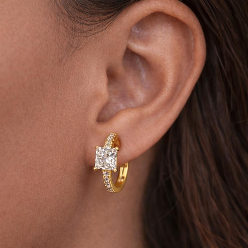 14k Solid Gold Hoop Huggies - Princess Cut and Round Lab Grown Diamonds