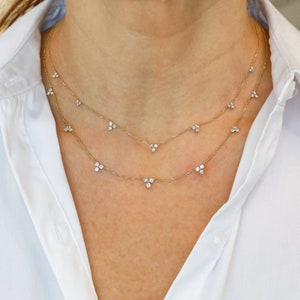 14k or 18k Solid Gold Natural Diamond 3 Stone Triangle Cluster Station Graduated Necklace with Adjustable Drawstring Chain