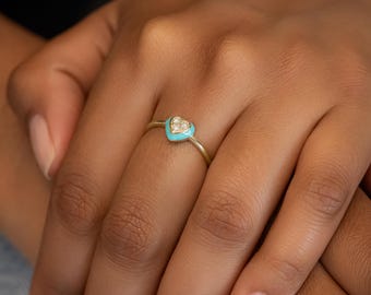 Anel de coração turquesa com diamantes, diamantes redondos naturais, anéis delicados, ouro maciço 14k amarelo, branco e rosé, joias de valor social.