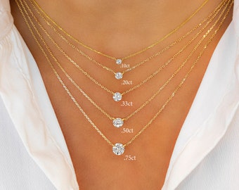 Halskette aus massivem Gold 14 Karat oder 18 Karat, natürlicher schwebender Solitärdiamant, mit verstellbarer Kordelzugkette