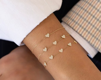 Diamond Bracelet, Pavé Heart Station Adjustable Drawstring Chain, Yellow, White, Rose 14k Solid Gold, Social Value Fine Jewelry
