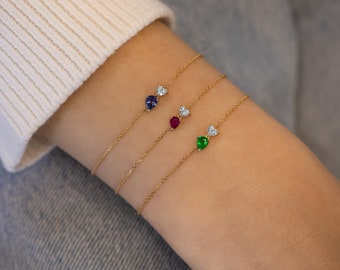 Bracelet coeur diamants avec saphir bleu poire, rubis ou émeraude, chaîne avec cordon de serrage réglable, jaune, blanc, or rose 18 carats