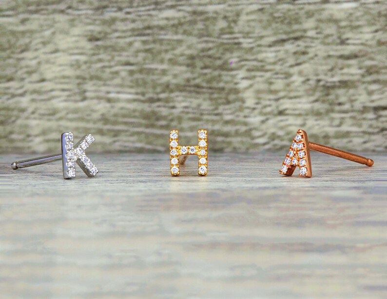 or Rose Gold Yellow Earring in White One Single Personalized Custom Jewelry 14k Solid Gold /& Diamond Initial J Monogram Earring Stud