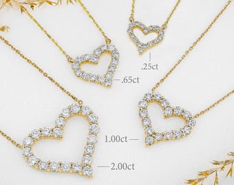 14k Solid Gold Natural Diamond Heart Classic Open Necklace