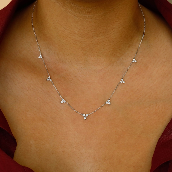 Sieraden Kettingen Statementkettingen 18k massief goud natuurlijke diamant trio cluster minimalistische ketting met verstelbare trekkoord ketting 