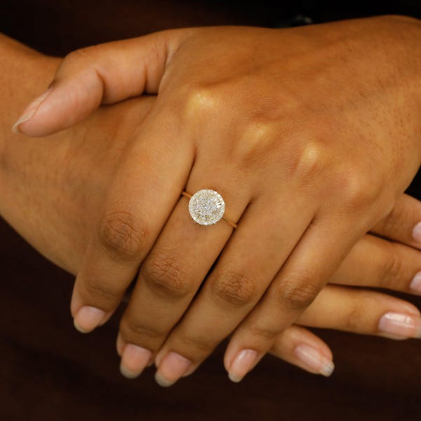 14k Solid Gold Diamond Cocktail Ring: Baguette & Round Cut