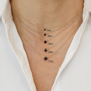 14k Solid Gold Natural Black Diamond Round Floating Solitaire Necklace with Adjustable Drawstring Chain