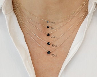 14k Solid Gold Natural Black Diamond Round Floating Solitaire Necklace with Adjustable Drawstring Chain