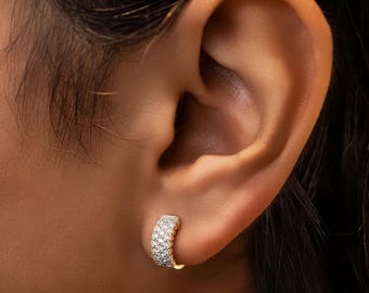 14k Gold Diamond Pave Cluster Hoop Huggie Earrings: