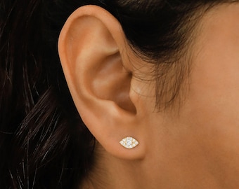 Single (Half Pair) 14k Solid Gold Natural Diamond with Evil Eye Stud Earring
