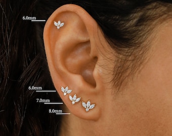 Single (Half Pair) Earring 14k or 18k Solid Gold Natural Diamond Lotus Flower Marquise stud Earring Stud
