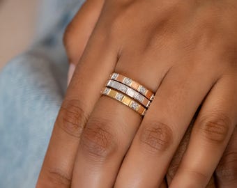 Anel de Diamantes, Diamantes Redondos Naturais, Anéis Delicados Empilháveis em Ouro Maciço 14k Amarelo, Branco e Rosé, Joias de Valor Social