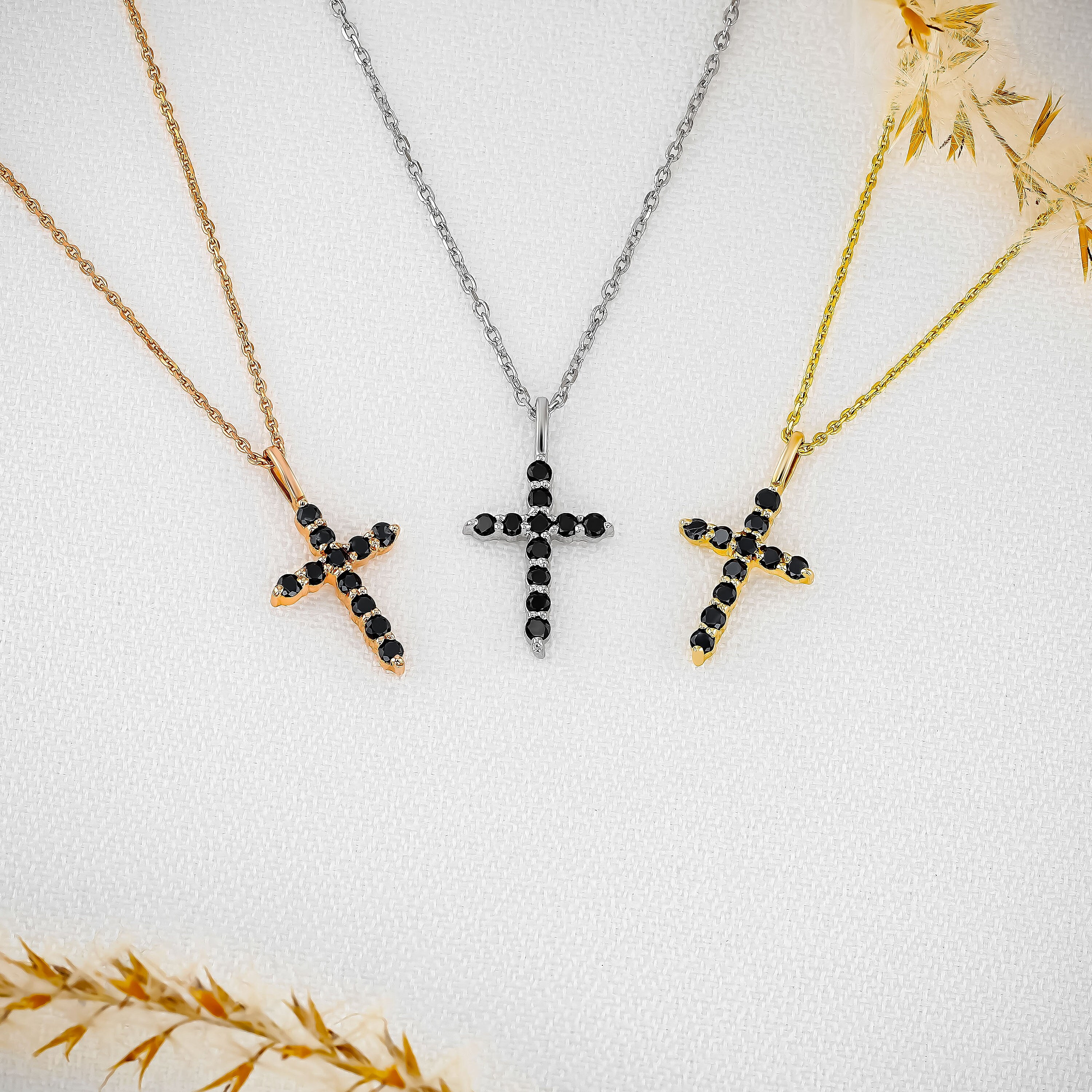 Black Diamond Necklace, Small Cross Pendant, Adjustable Drawstring Chain,14k Yellow, White, Rose Solid Gold, Social Value