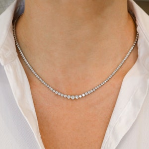 Diamond Necklace, Half Way Tennis Graduated Choker, 14k White Solid Gold, Social Value Fine Jewelry