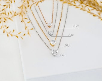 14k Solid Gold Natural Diamond Heart Shaped Solitaire Necklace w/ Adjustable Drawstring Chain