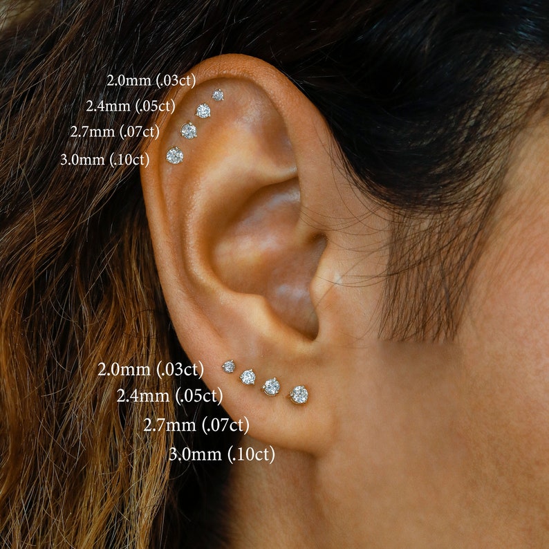 Single Half Pair Earring 14k Solid Gold Natural Diamond Low Profile Small Three Prong Minimalist Stud Earrings image 1