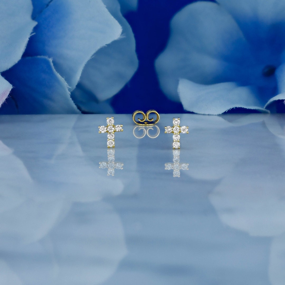 Small Diamond Cross Earring, Single half Pair, 18k Solid White, Yellow